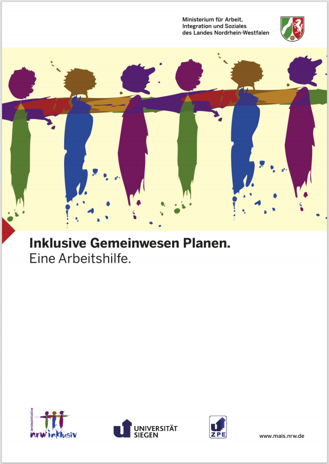 Buchcover mit Titel: Inklusive Gemeinwesen planen. Eine Arbeitshilfe. Sozialministerium NRW und ZPE an der Universität Siegen.